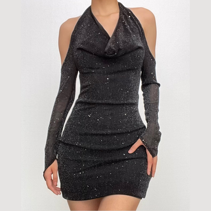 Long Sleeve Off Shoulder Halter Cowl Neck Glitter Mesh Mini Dress