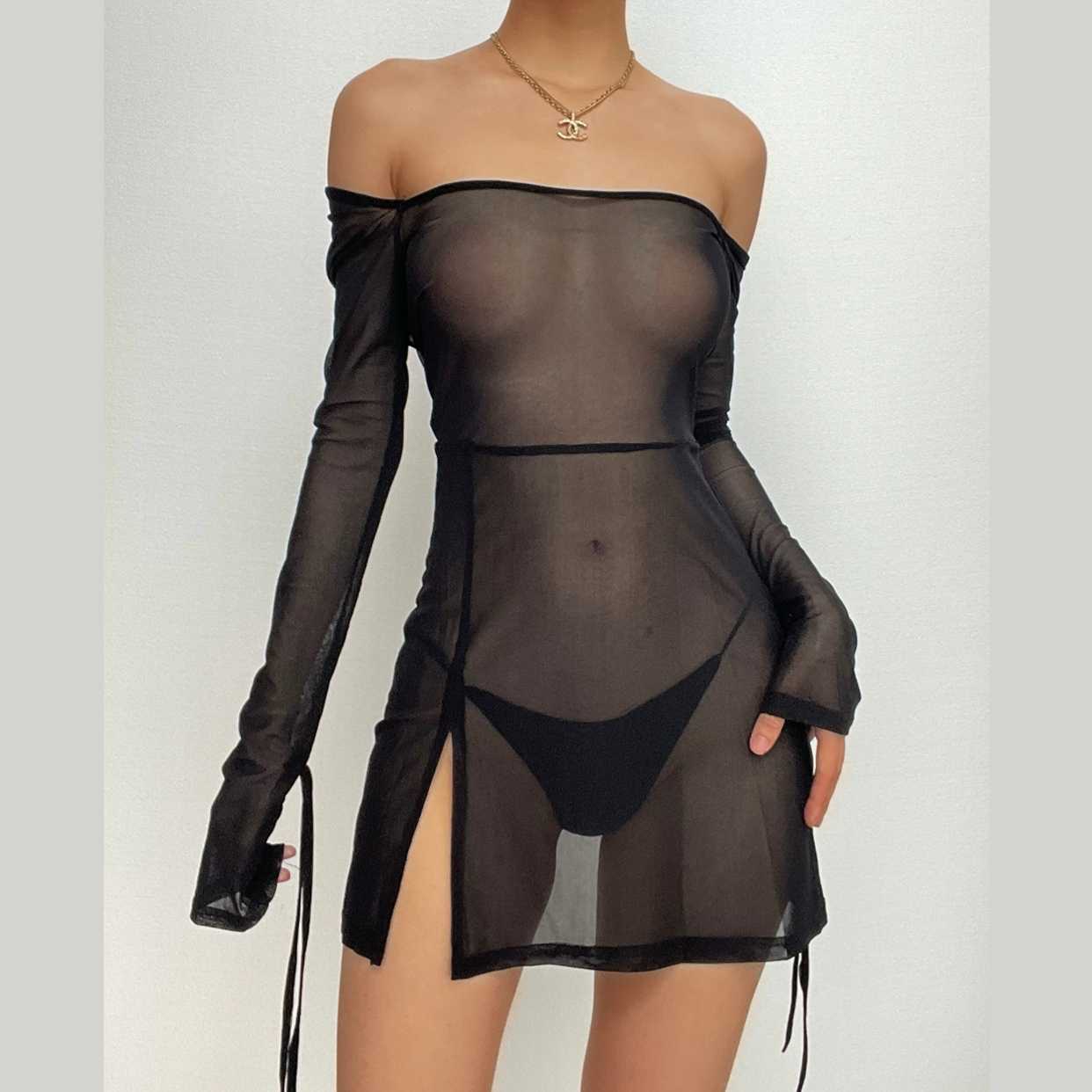 Sheer Mesh See Through Square Neck Slit Long Sleeve Mini Dress