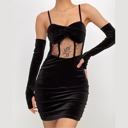 Velvet Gloves Ruched Mesh Backless Cami Mini Dress