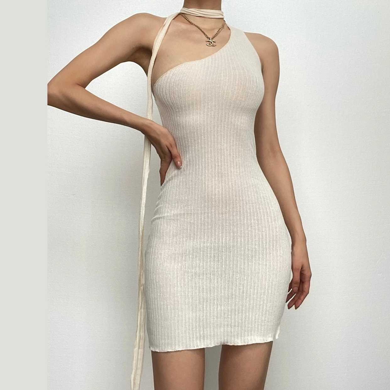 Halter Backless Irregular Sleeveless Solid Mini Dress