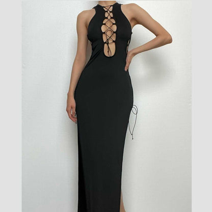 Hollow Out Sleeveless Lace Up Slit Solid Cut Out Maxi Dress