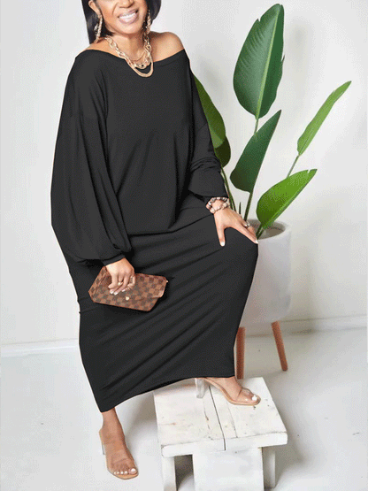 Solid Batwing Sleeve Maxi Dress