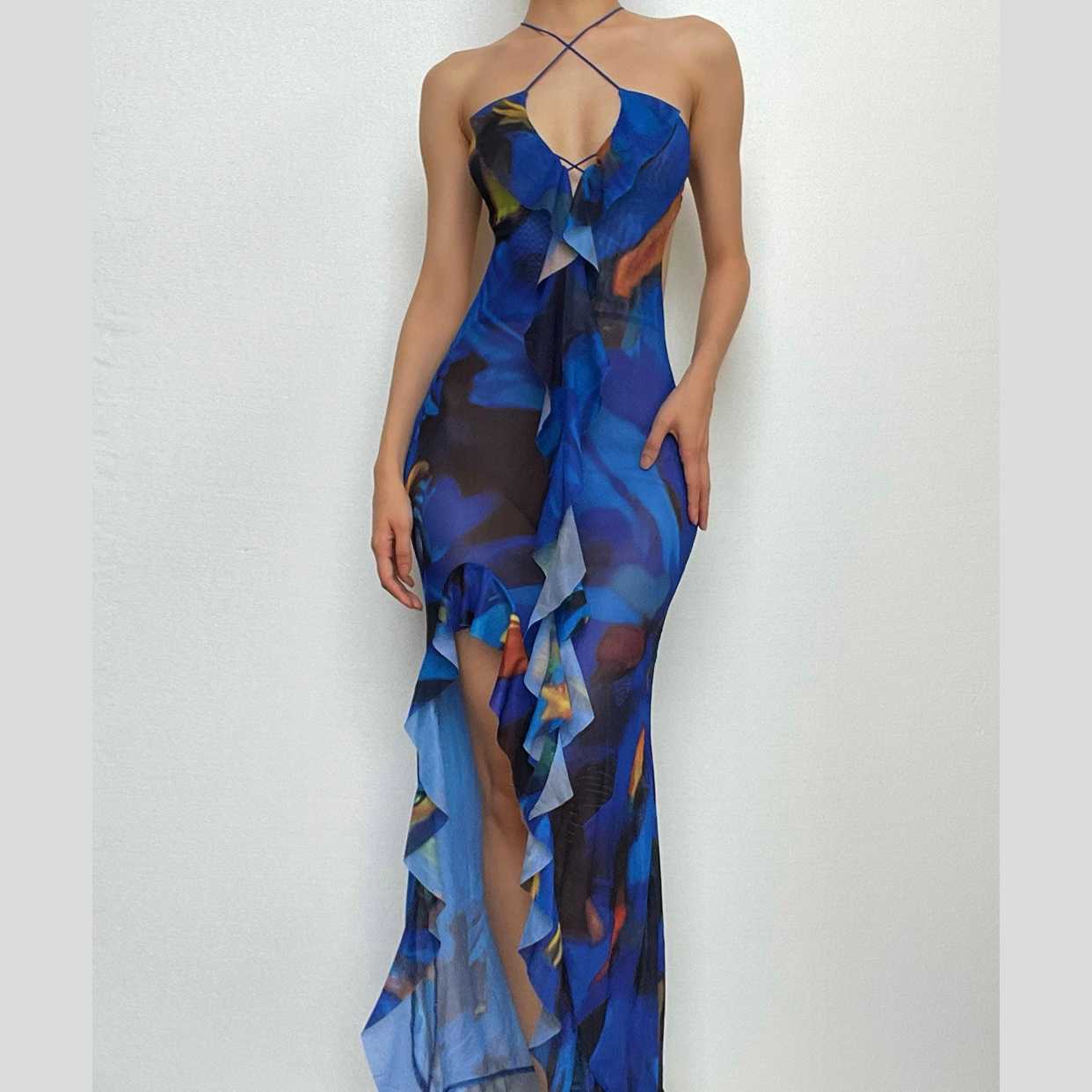 Cross Front Backless Sheer Mesh See Through Slit Contrast Print Maxi Dress