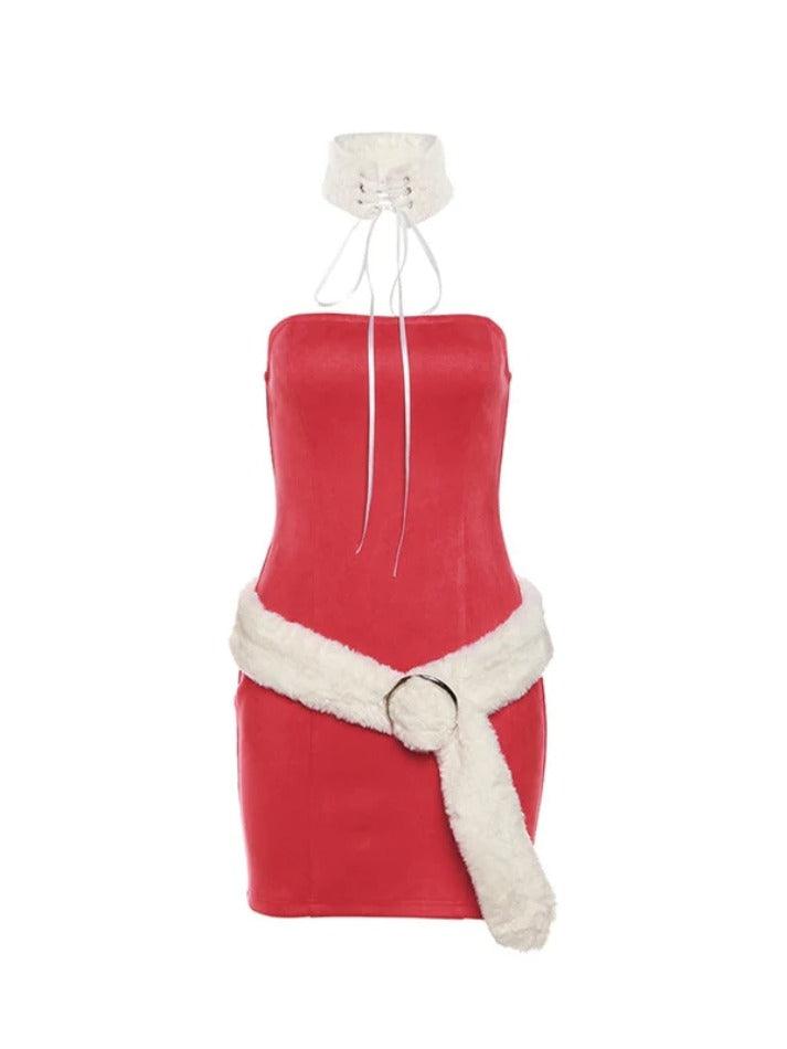 Solid Bandeau With Fuzzy Belted Choker Mini Dress