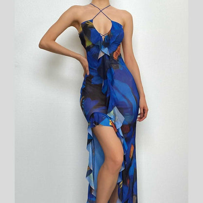 Cross Front Backless Sheer Mesh See Through Slit Contrast Print Maxi Dress