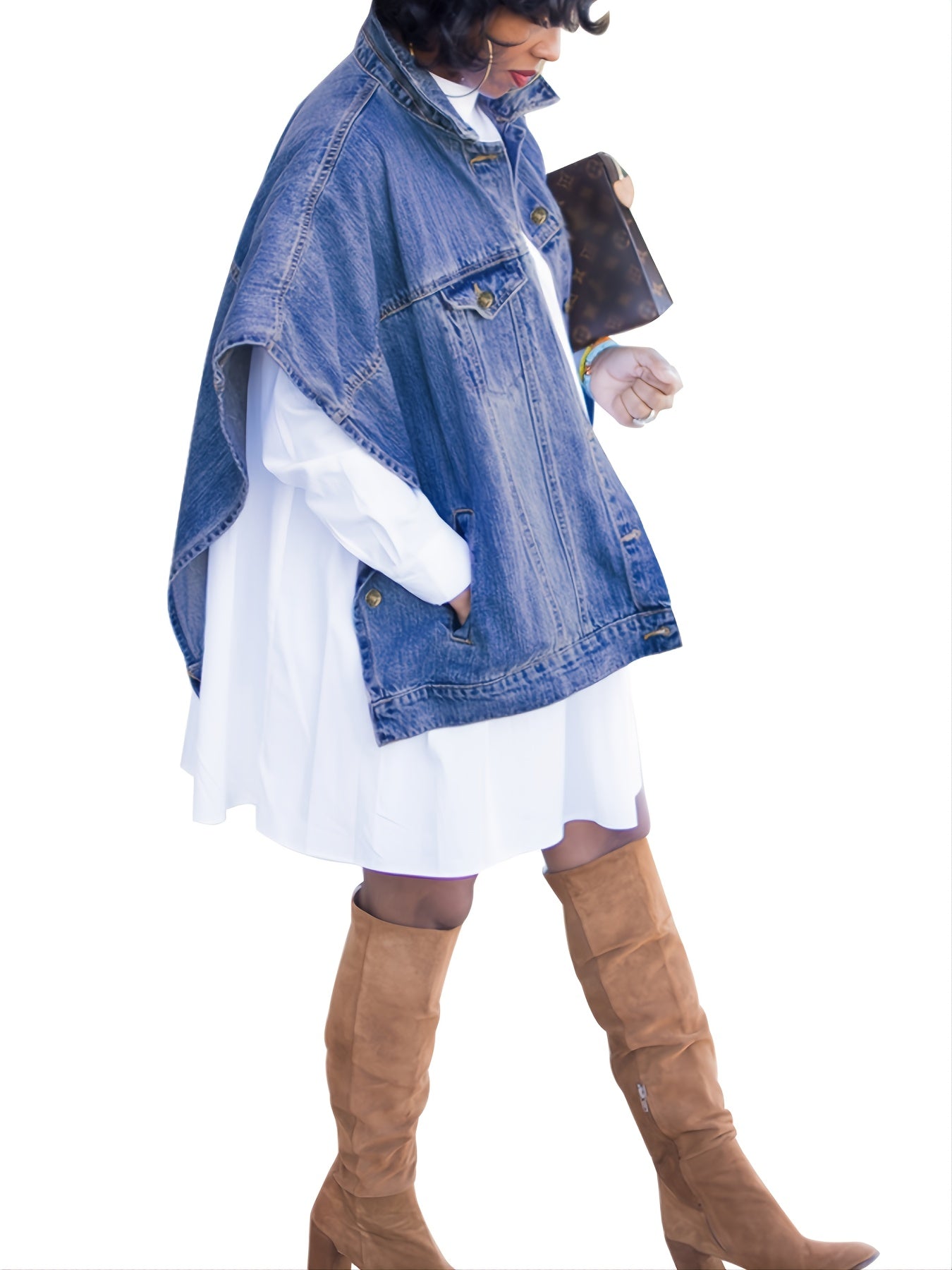 「binfenxie」Loose Denim Cloak Jackets, Women's Denim Poncho Cloak Cape, Washed Blue Denim Jackets, Denim Vest