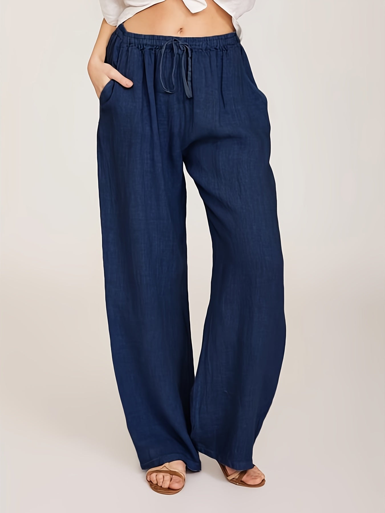 「binfenxie」Drawstring Wide Leg Pants, Solid Loose Palazzo Pants, Casual Every Day Pants, Women's Clothing