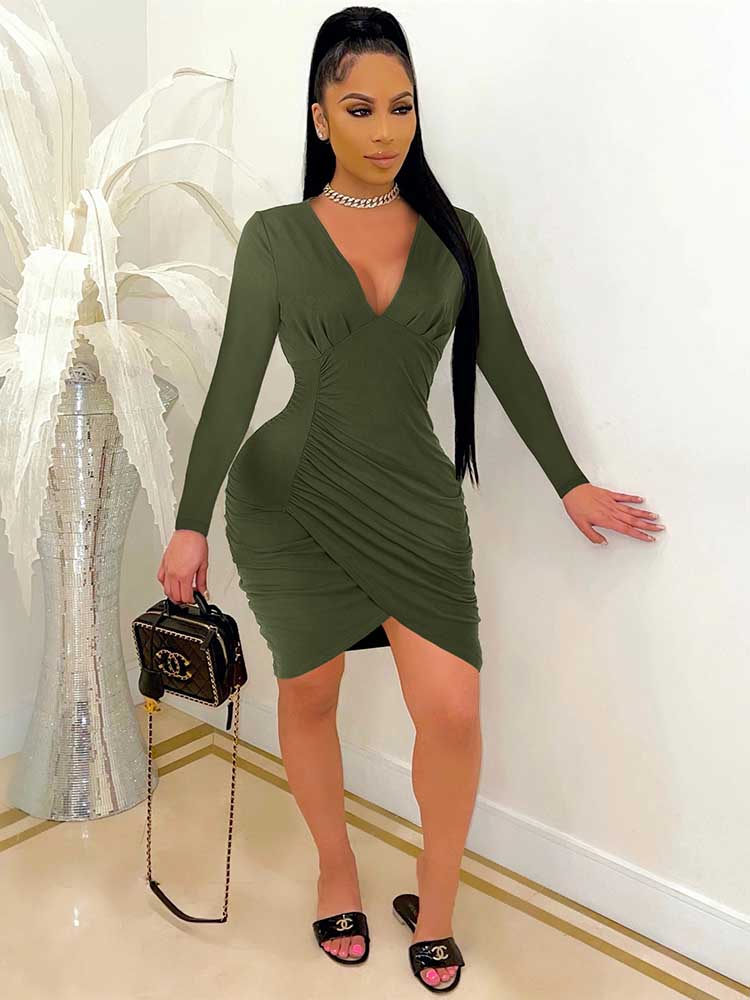 Solid Color Long Sleeve Mini Dress