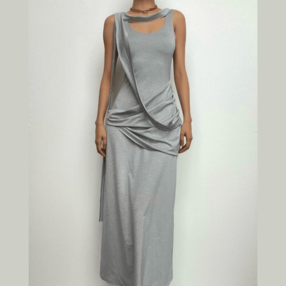 Ruched Solid Sleeveless U Neck Irregular Midi Dress