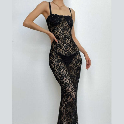 Lace Solid Zip-Up See Through Sleeveless Backless Maxi Dress