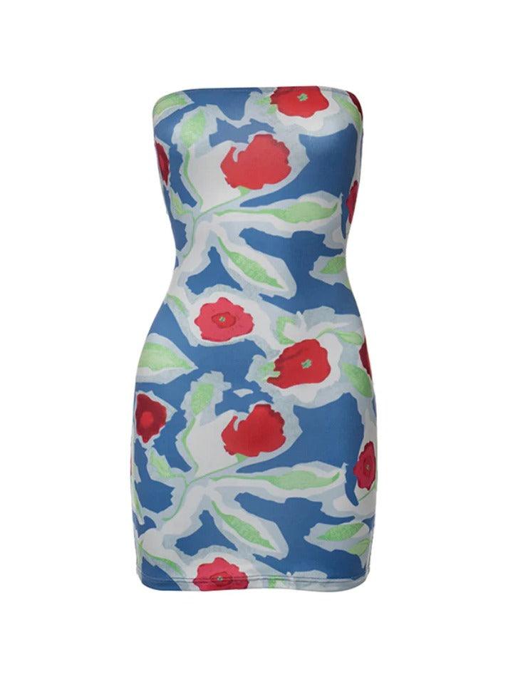 Vintage Floral Print Backless Bandeau Mini Dress