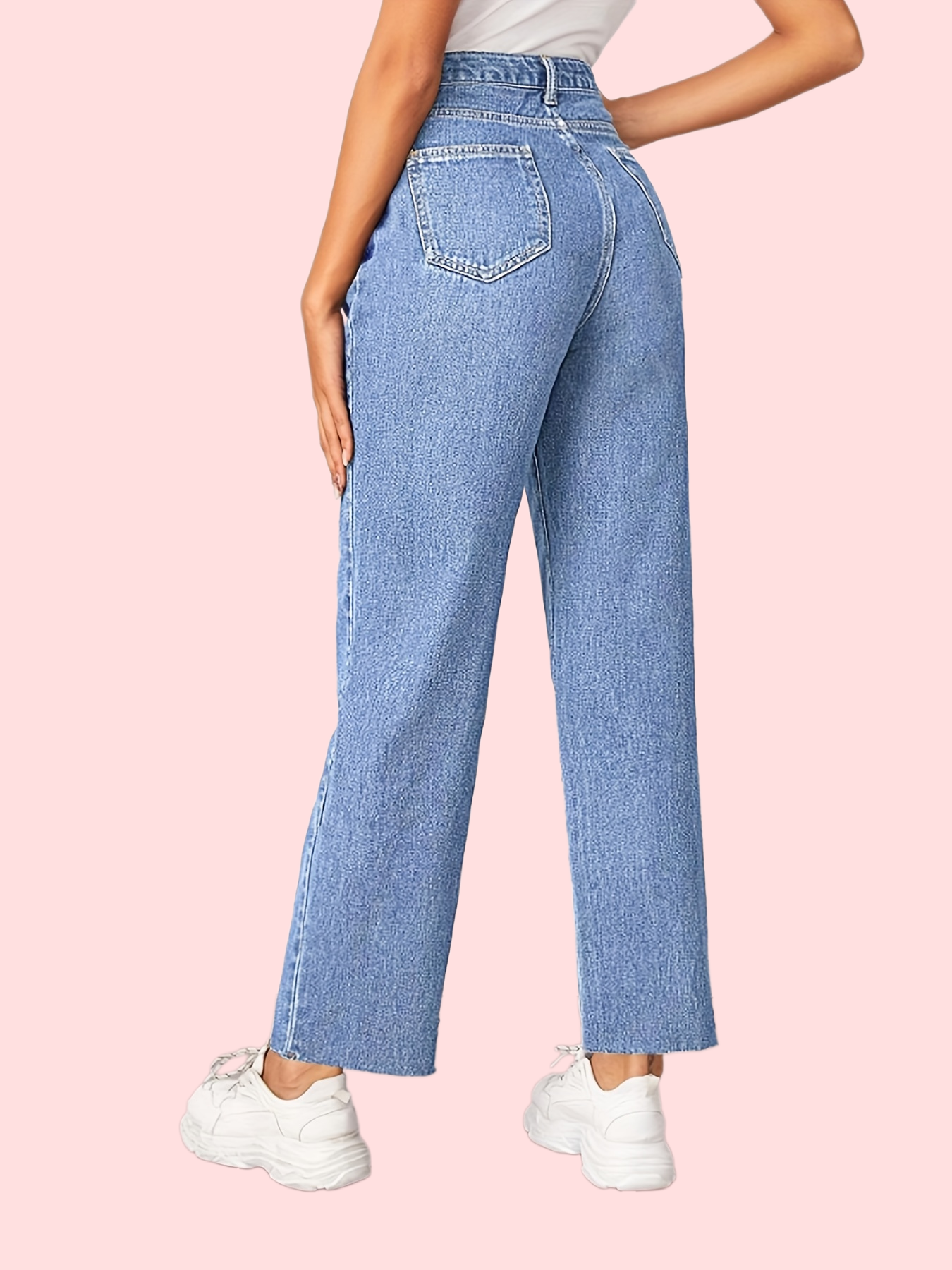 「binfenxie」Blue High Waist Straight Jeans, Loose Fit Wide Legs Slash Pockets High Rise Denim Pants, Women's Denim Jeans & Clothing