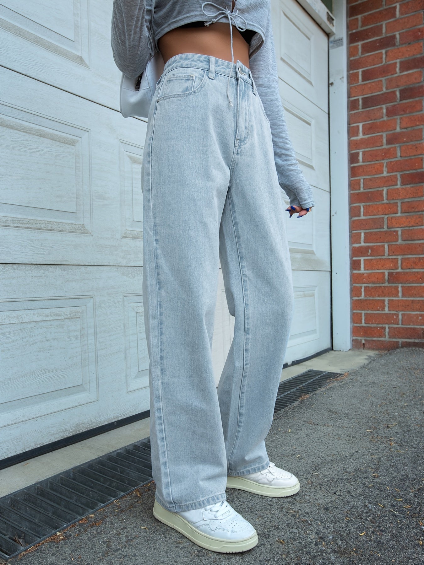 「binfenxie」Light Blue Loose Fit Straight Jeans, Slash Pockets Non-Stretch Baggy Denim Pants, Women's Denim Jeans & Clothing