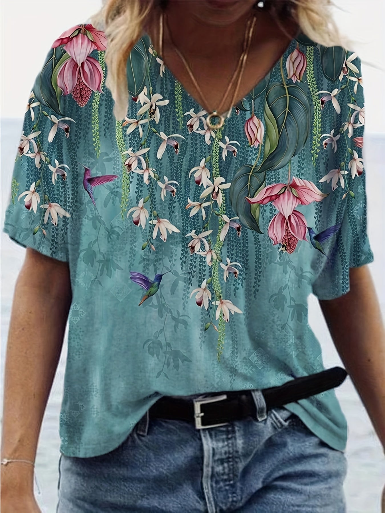 「binfenxie」Floral Print V Neck T-Shirt, Short Sleeve Casual Top For Spring & Summer, Women's Clothing