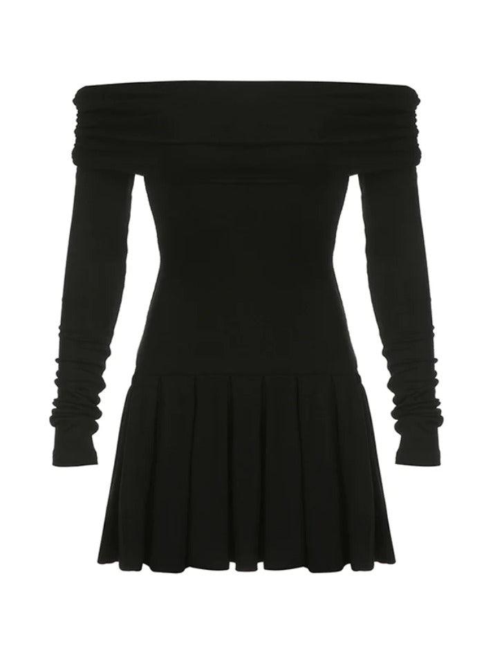 Black Off Shoulder Pleated Slim Mini Dress