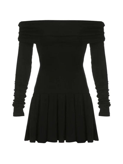 Black Off Shoulder Pleated Slim Mini Dress