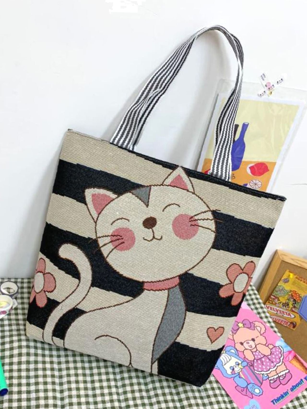 binfenxie - Cartoon Cat Pattern Tote Bag  - Women Tote Bags