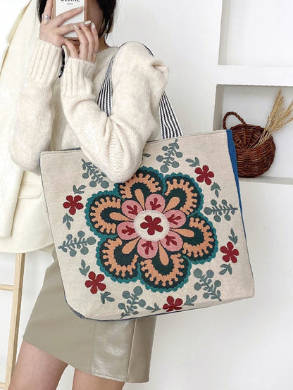 binfenxie - Flower Pattern Canvas Tote Bag  - Women Tote Bags