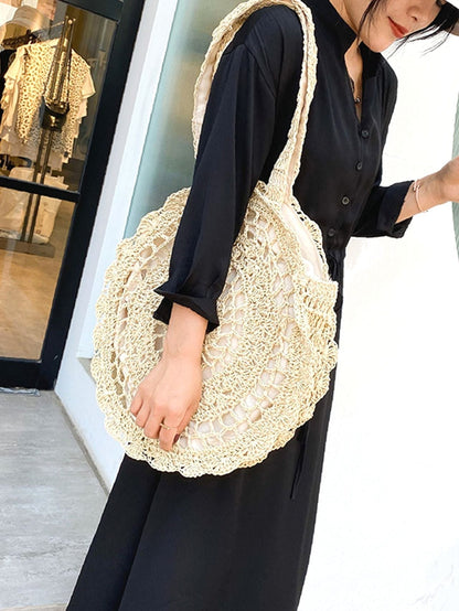 binfenxie - Circle Design Hollow Out Straw Bag  - Women Tote Bags