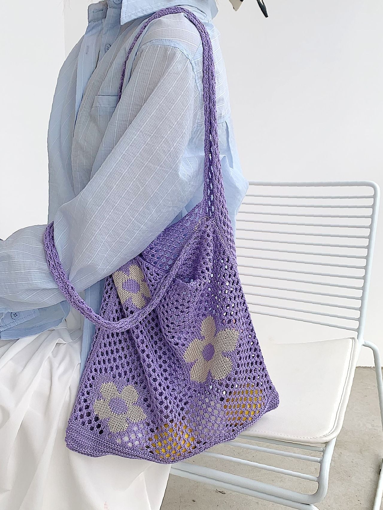 binfenxie - Floral Pattern Crochet Tote Bag  - Women Tote Bags