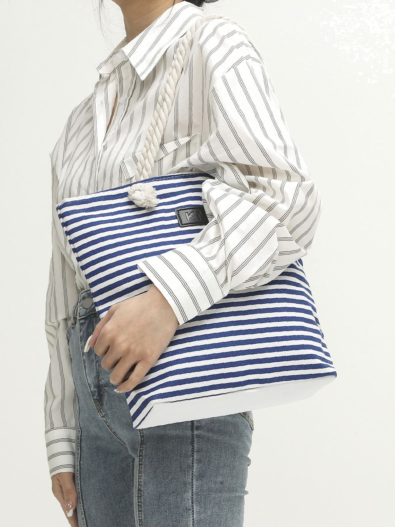 binfenxie - Striped Pattern Patch Decor Shoulder Tote Bag  - Women Tote Bags