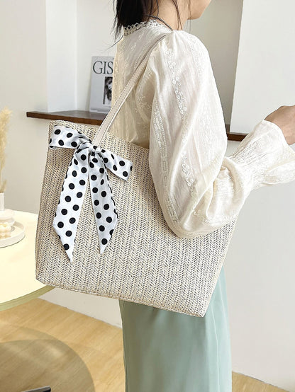 binfenxie - Polka Dot Bow Decor Straw Bag  - Women Tote Bags