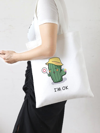 binfenxie - Cactus & Letter Graphic Shopper Bag  - Women Tote Bags