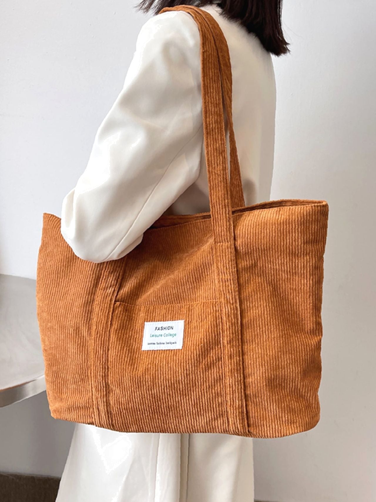 binfenxie - Letter Patch Corduroy Tote Bag  - Women Tote Bags