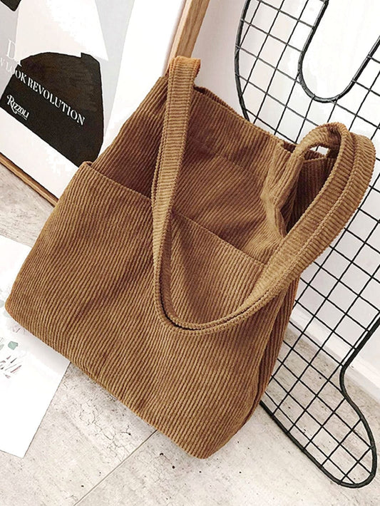 binfenxie - Side Pocket Corduroy Tote Bag  - Women Tote Bags