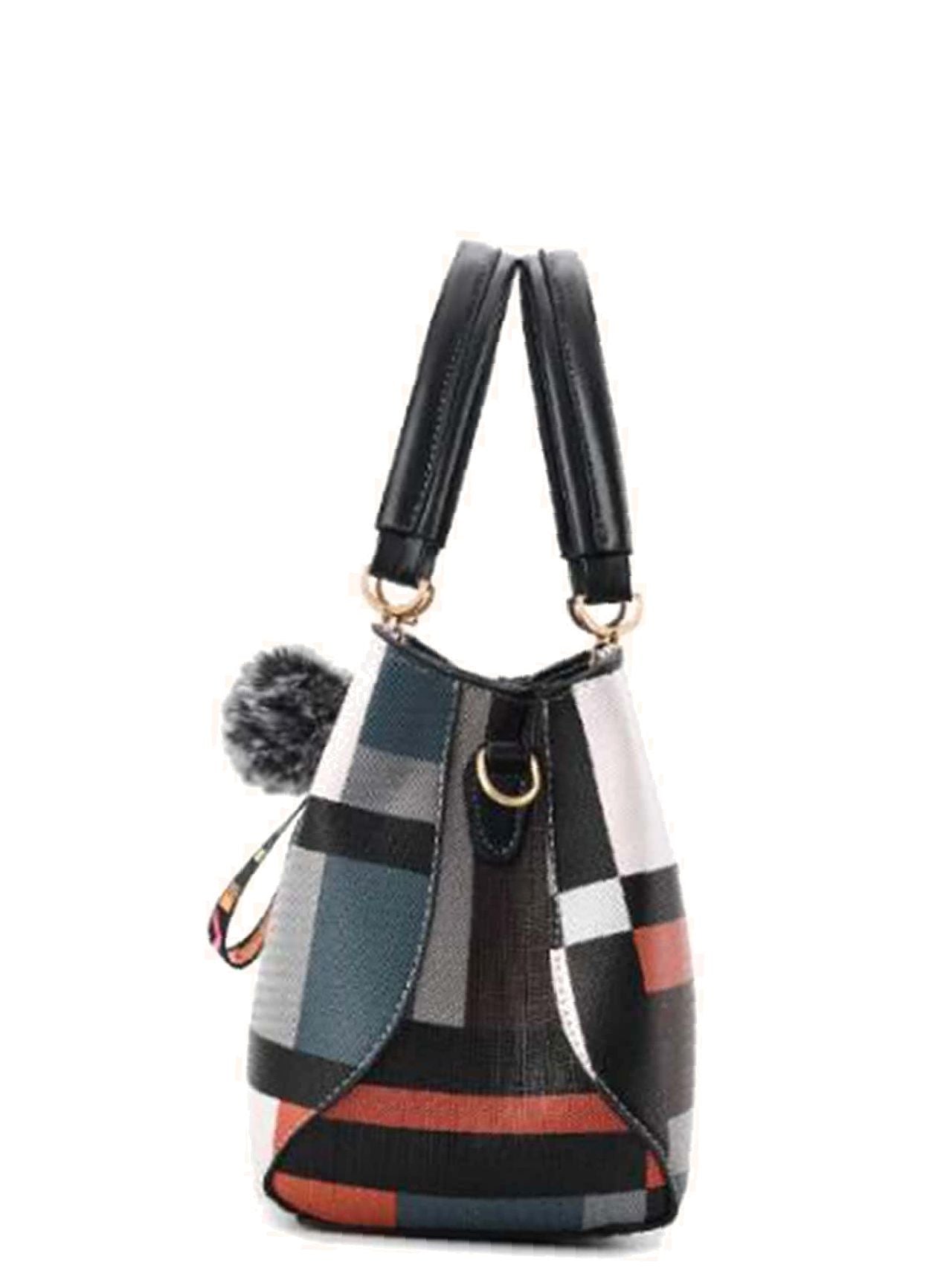 binfenxie - Pom Pom Decor Colorblock Tote Bag  - Women Tote Bags