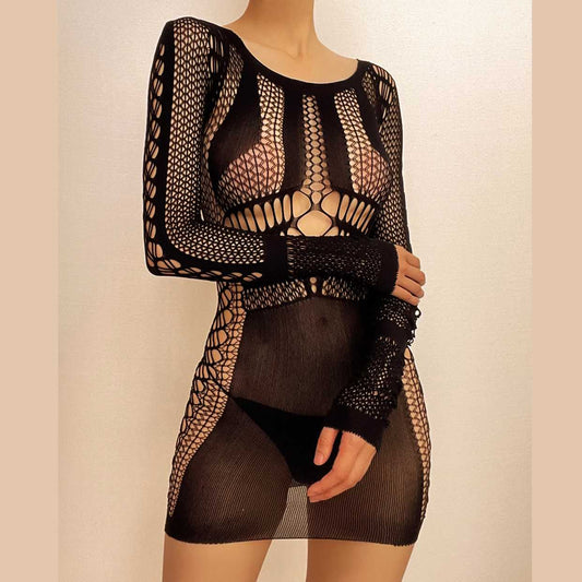 Fishnet Long Sleeve Hollow Out See Through Cut Out Mini Dress