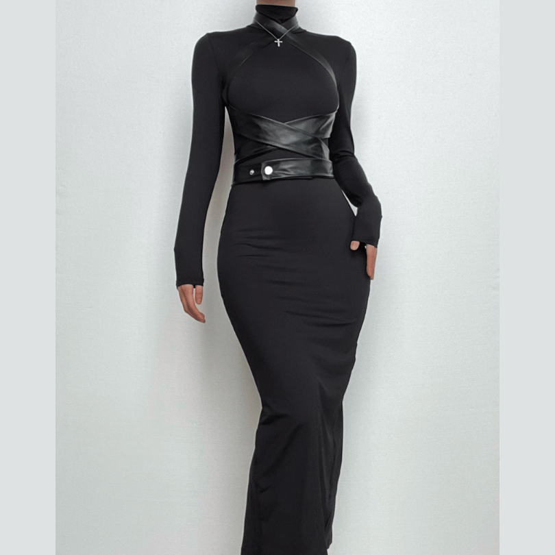 Cross Front Solid Long Sleeve Pu Leather High Neck Slit Midi Dress