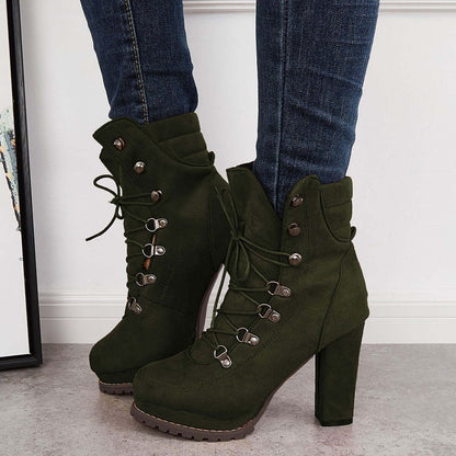 Non Slip Chunky Platform High Heels Lace Up Ankle Boots