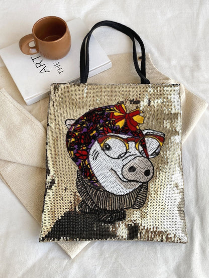 binfenxie - Sequin Decor Cartoon Pig Pattern Shoulder Tote Bag  - Women Tote Bags