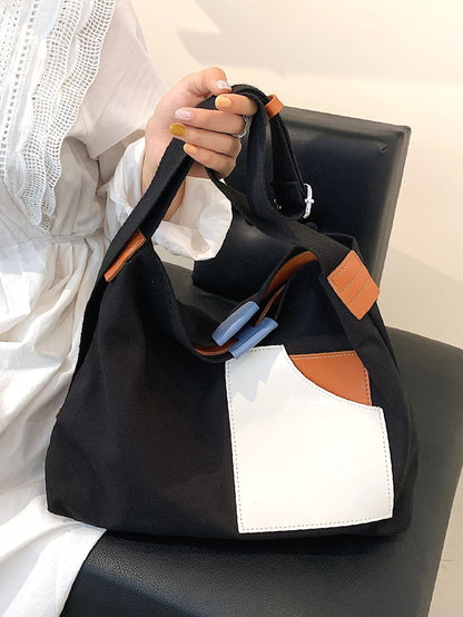 binfenxie - Colorblock Canvas Top Handle Tote Bag  - Women Tote Bags