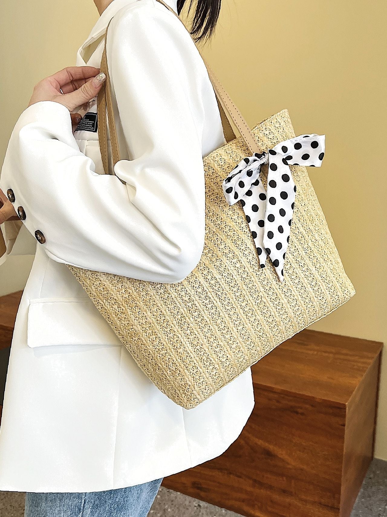 binfenxie - Polka Dot Bow Decor Straw Bag  - Women Tote Bags