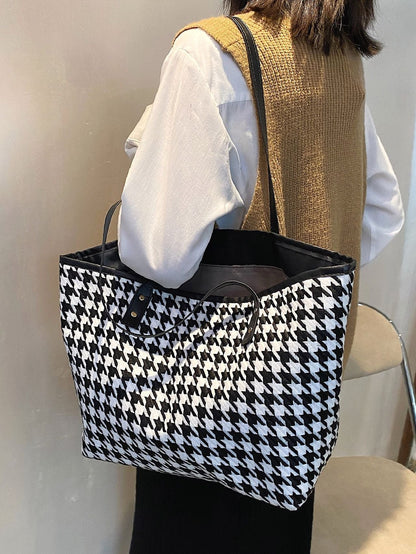 binfenxie - Houndstooth Pattern Shoulder Tote Bag  - Women Tote Bags