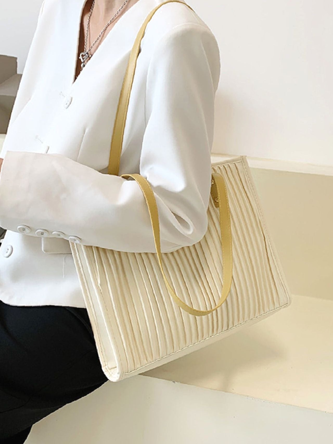 binfenxie - Vertical Striped Shoulder Tote Bag  - Women Tote Bags