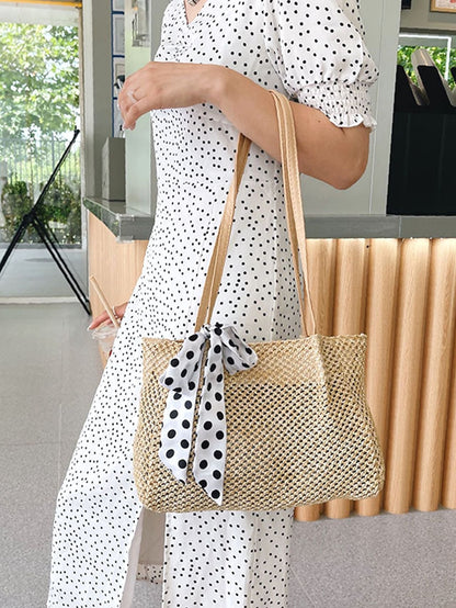 binfenxie - Polka Dot Bow Decor Straw Bag  - Women Tote Bags