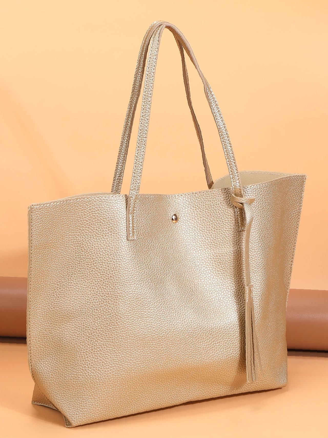 binfenxie - Metallic Pebble Embossed Tassel Decor Tote Bag  - Women Tote Bags