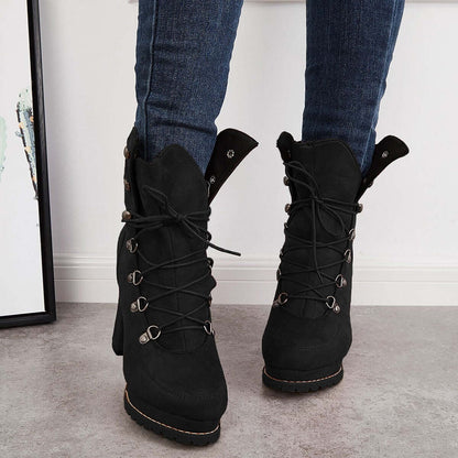 Non Slip Chunky Platform High Heels Lace Up Ankle Boots