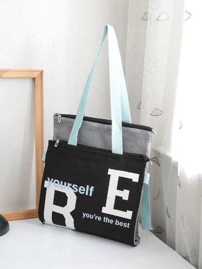 binfenxie - Slogan Graphic Mesh Panel Shoulder Tote Bag  - Women Tote Bags