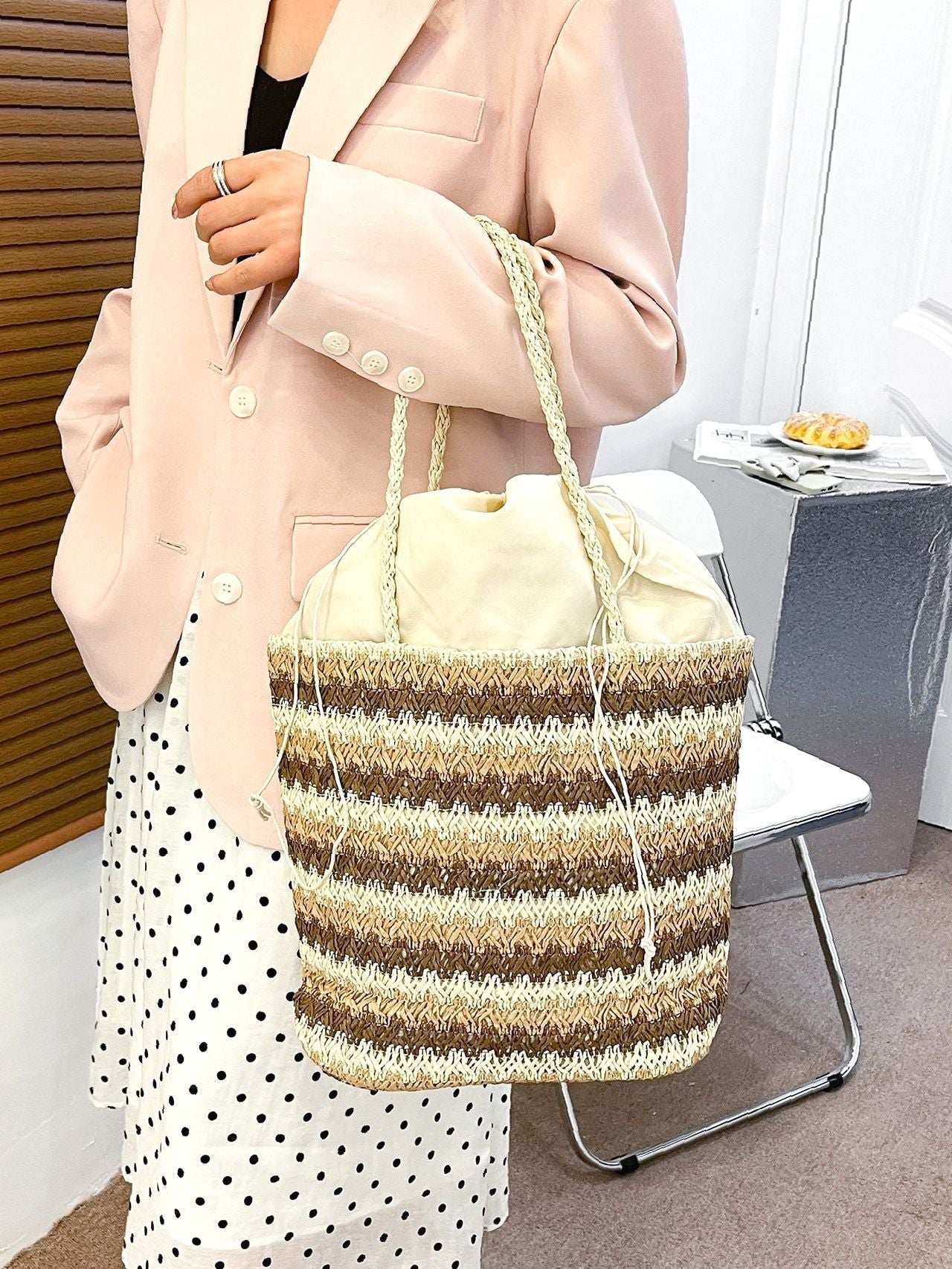 binfenxie - Colorblock Drawstring Decor Straw Bag  - Women Tote Bags