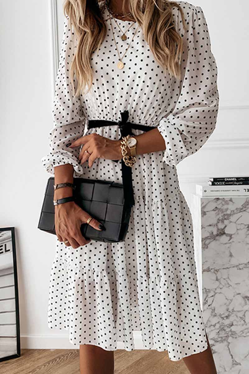 binfenxie - Elegant White Black Dot Print Round Neck Tie Midi Dress