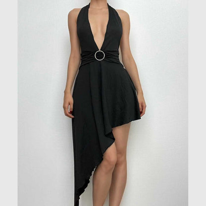 Halter O Ring V Neck Irregular Backless Solid Midi Dress