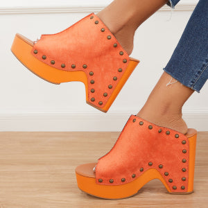 Women Party Chunky Heel Platform Retro Rivets Western Style Block Heel Sandals