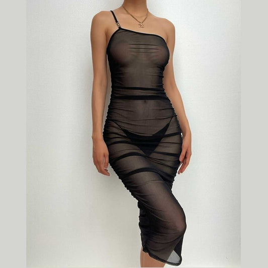 Sheer Mesh See Through One Shoulder Ruched Irregular Midi Dress