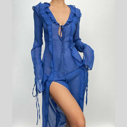 Slit Chiffon See Through Long Sleeve V Neck Self Tie Maxi Dress