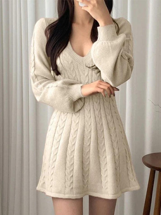 V Neck Long Sleeve Sweater Dress