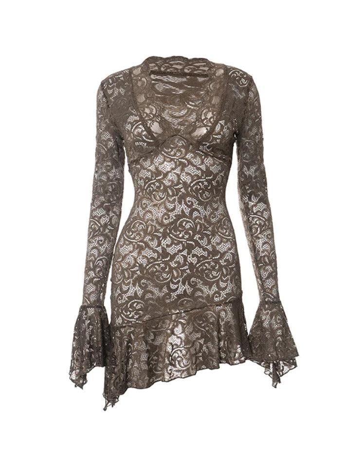 Lace V Neck Trumpet Sleeve Mini Dress